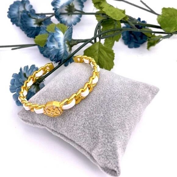 New Tory Burch Gemini White Leather Cuff Bracelet - Picture 3 of 10